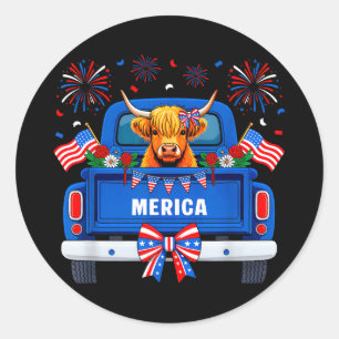 Sticker Rond Vache des Highlands drapeau américain patriotique