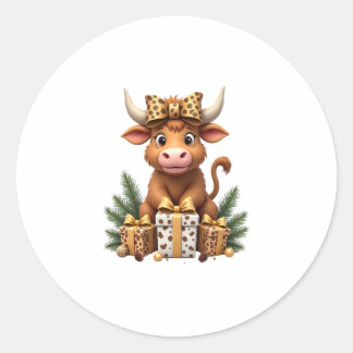 Sticker Rond Vache des Highlands Mignonne Noël Santa Amoureux d