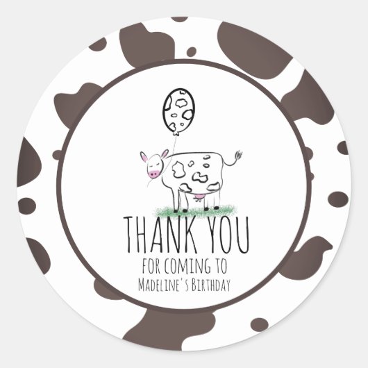 Sticker Rond Vache Doodle Ferme Animaux Anniversaire Merci C (Devant)