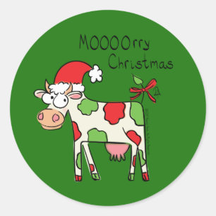 Sticker Rond Vache Drôle Caricature Noël