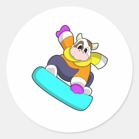 Sticker Rond Vache en snowboard avec snowboard (Devant)