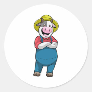 Sticker Rond Vache en tant qu'agriculteur avec Casquette