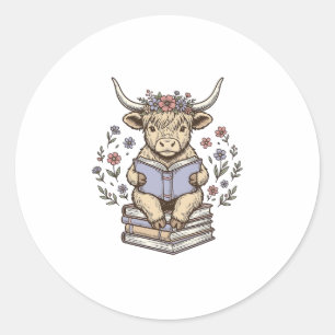 Sticker Rond Vache Florale de Lecture Mignonne Pile de Livres C