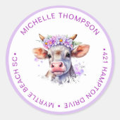 Sticker Rond Vache Florale Violette Adresse de Baby Shower (Devant)