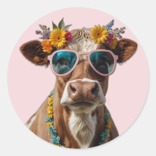Sticker Rond Vache gaie avec lunettes de soleil