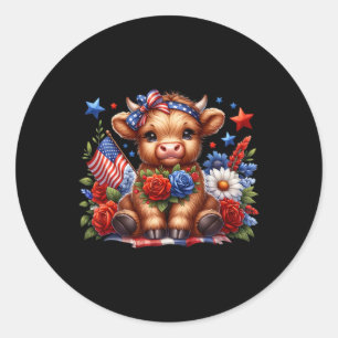Sticker Rond Vache Highland 4 Juillet Floral Usa Vache Patrioti