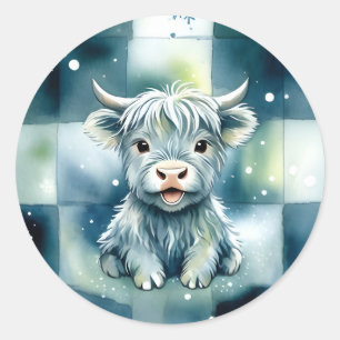 Sticker Rond Vache Highland à carreaux bleus neige hiver