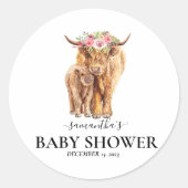 Sticker Rond Vache Highland Baby shower d'aquarelle (Devant)