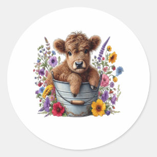 Sticker Rond Vache Highland dans le seau à fleurs, mignonne