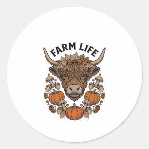 Sticker Rond Vache Highland d'automne avec lunettes en forme de