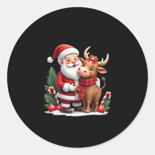 Sticker Rond Vache Highland de Noël avec Santa écossais vintage