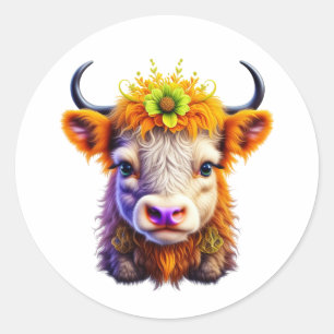Sticker Rond Vache Highland mignonne avec une fleur dans les ch