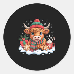 Sticker Rond Vache Highland Noël Chapeau de Santa Mignonne Géni