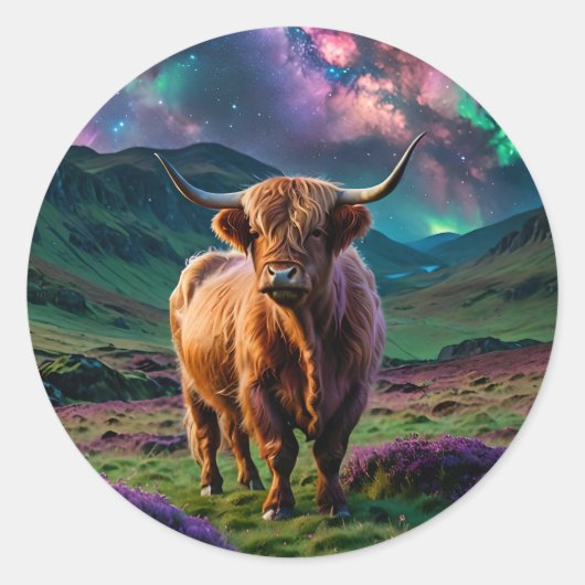 Sticker Rond Vache Highland sous les étoiles (Devant)