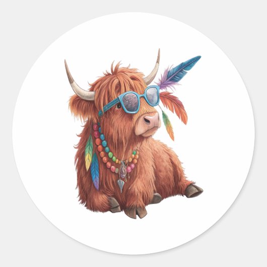 Sticker Rond Vache Highland, Vache Cool, Sunglass (Devant)