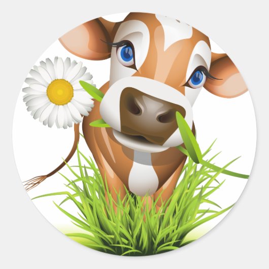 Sticker Rond Vache Jersey dans l'herbe (Devant)