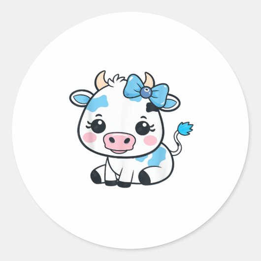 Sticker Rond Vache Kawaii adorable avec cerise et bow design (Devant)