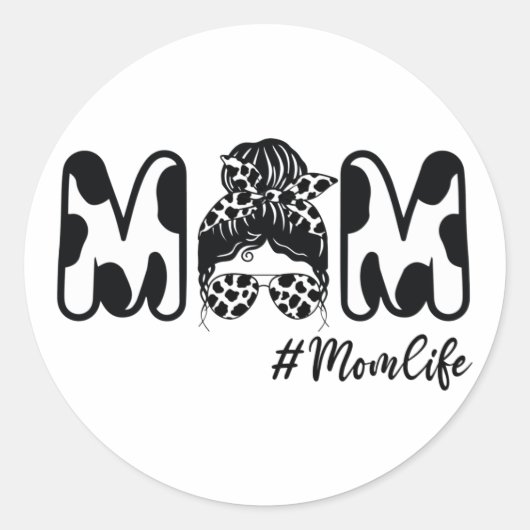 Sticker Rond Vache Maman Vie Messy Bun Mama Vache Anniversaire (Devant)