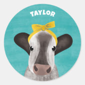 Sticker Rond Vache mignonne avec cabot Personnalisé (Devant)
