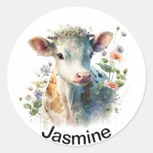 Sticker Rond Vache mignonne avec votre nom aquarelle fleurie cl