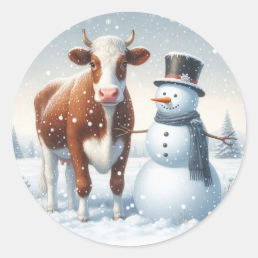 Sticker Rond Vache mignonne et bonhomme de neige dans le champ  (Devant)
