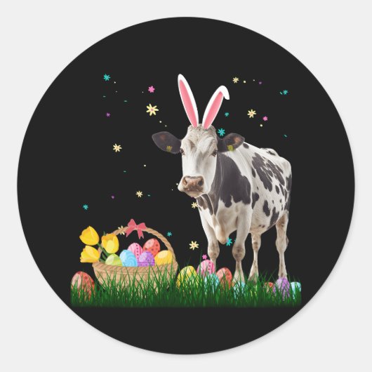 Sticker Rond Vache mignonne Jour de Pâques avec oeufs d'oreille (Devant)