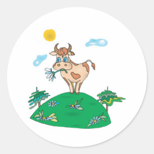 Sticker Rond vache mignonne sur le sommet de la colline