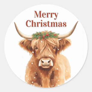 Sticker Rond Vache miniature de Noël à verdure Highland