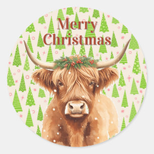 Sticker Rond Vache miniature de Noël à verdure Highland