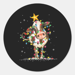 Sticker Rond Vache Reindeer Casquette Père Noël Lumières de Noë