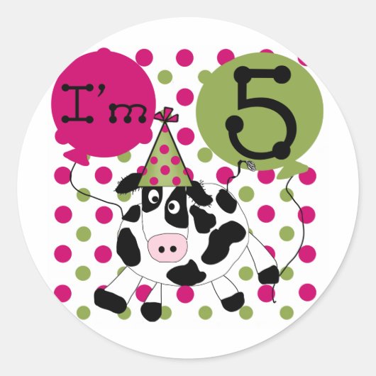 Sticker Rond Vache rose 5e Anniversaire Tshirts et cadeaux (Devant)