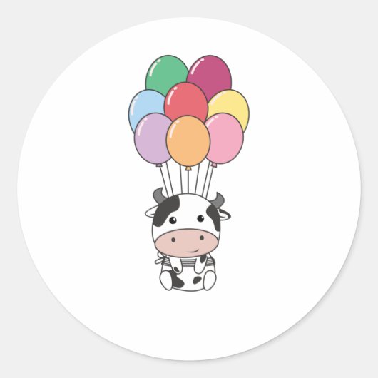 Sticker Rond Vache S'Envole Avec Des Ballons Colorés (Devant)