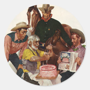 Sticker Rond Vachers de vintage, Joyeux Anniversaire Parti Tex
