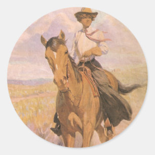 Sticker Rond Vachette Cowgirl Cowboy Vintage, Femme à cheval pa