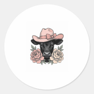 Sticker Rond Vachette Cowgirl Rose avec Pivoines Vintage Vector