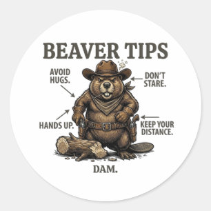 Sticker Rond Vachette drôle Castor Cowboy Ouest Sauvage Vintage