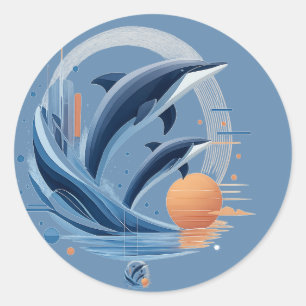 Sticker Rond Vague de dauphin moderne – Art océanique futuriste