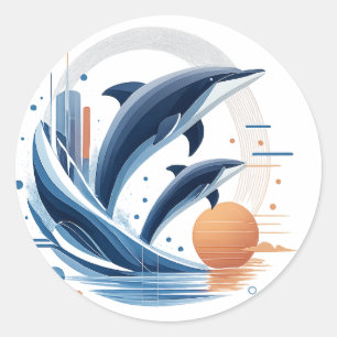 Sticker Rond Vague de dauphin moderne – Art océanique futuriste