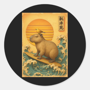 Sticker Rond Vague de surf Capyra Art japonais vintage Ukiyo-e