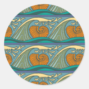 Sticker Rond Vagues de l'océan bleu motif coquille de nautile A