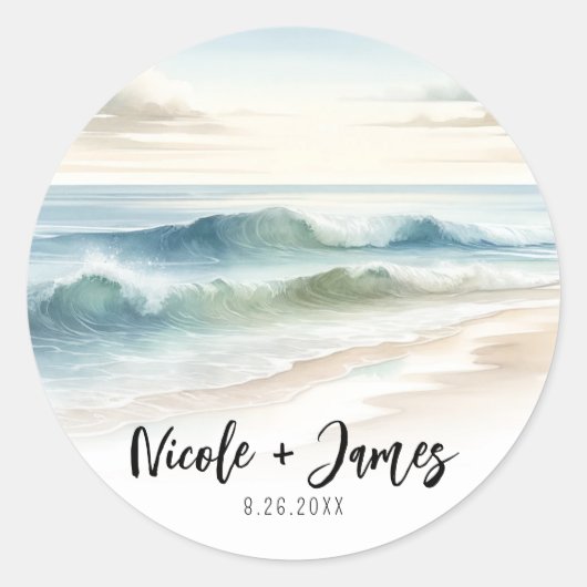 Sticker Rond Vagues de plage à l'aquarelle Mariage rustique côt (Devant)