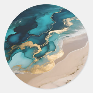 Sticker Rond Vagues de résine océanique aérienne Turquoise Or C