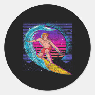 Sticker Rond Vagues de sport Océan Surfeur 90 Vaporwave Rétro S