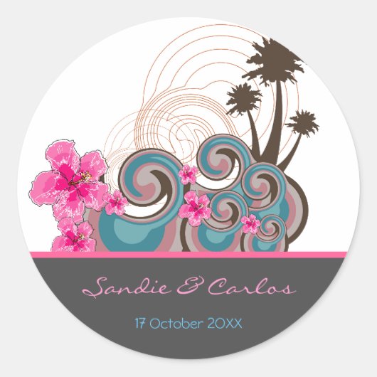 Sticker Rond Vagues tropicales Hibiscus rose Destination Mariag (Devant)