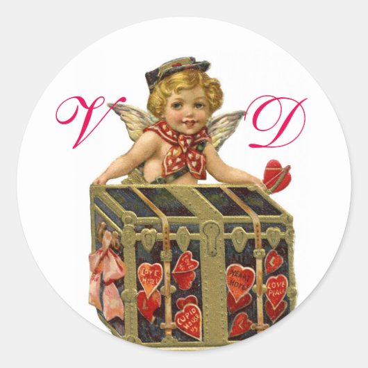 STICKER ROND VALENTINE CUPIDE ET CAFÉ PLEIN DE COEURS MONOGRAMM (Devant)