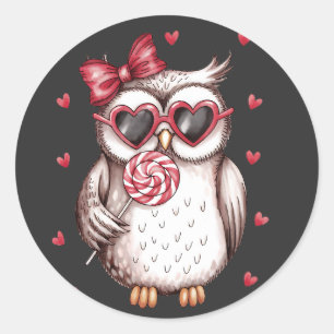 Sticker Rond Valentine Cute Owl Lover Licking Lollipop