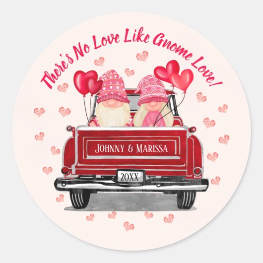 Sticker Rond Valentine Gnome Love Pink Hearts Noms (Devant)