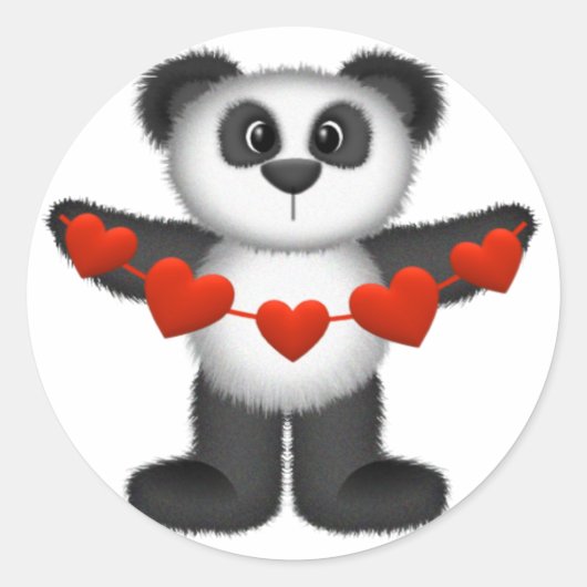 Sticker Rond Valentine Panda Ours tenant chaîne de Coeurs rouge (Devant)