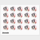 Sticker Rond Valentine Rose Boston Terrier (Feuille)