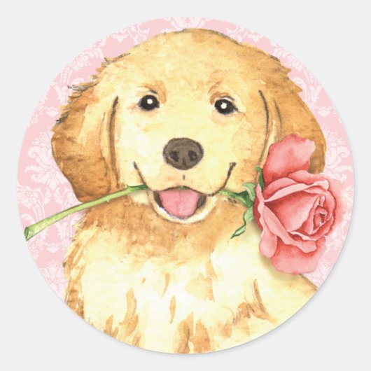 Sticker Rond Valentine Rose Golden Retriever (Devant)